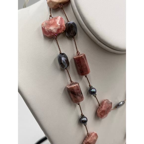 Margo Morrison Rhodochrosite Grey Coated Moonstone and Pearl Crystal Necklace - Picture 7 of 14